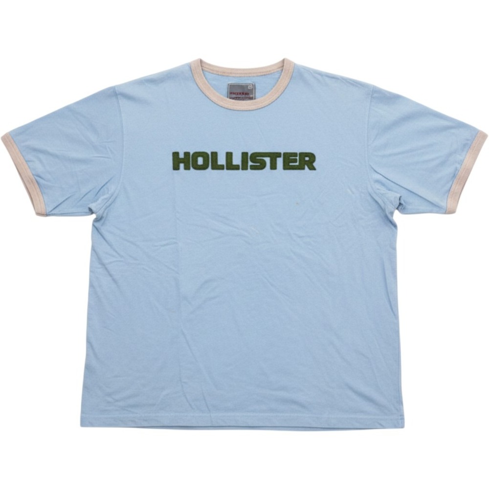 Vintage Y2K Hollister Co Spellout Ringer T-Shirt Light Blue Green Applique XL